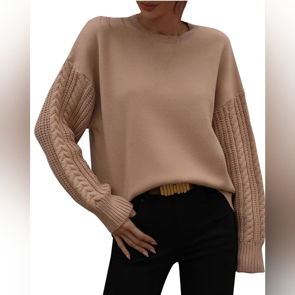 NWT! MACNOORA Womens Small Long Sleeve Pullover Cable Knit Brown Cozy Sweater